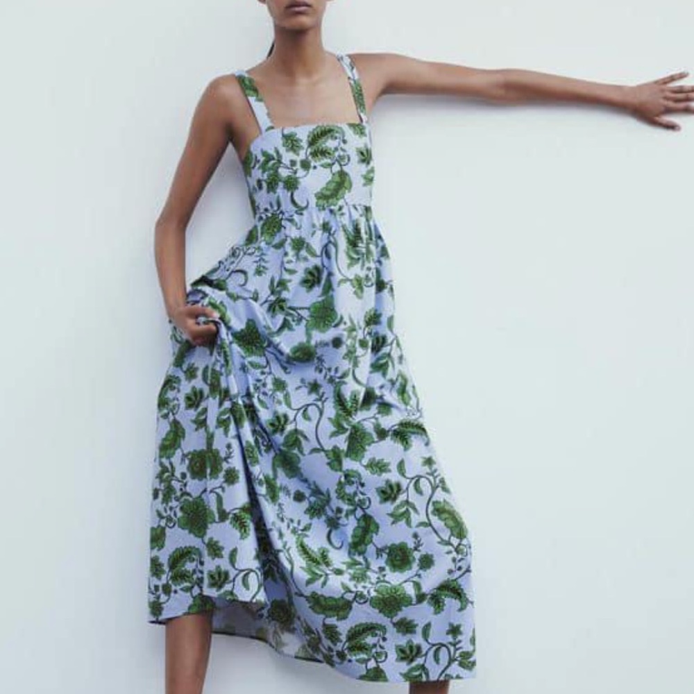 Zara Blue Maxi Dress with Green Floral Print